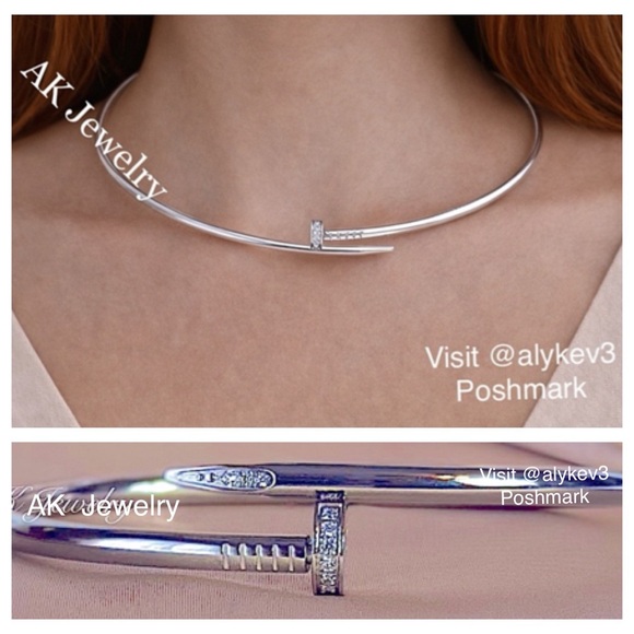 πLUXURY PAVE NAIL Necklace White Gold Choker Gold Plated, Round Elegant Classy - Picture 2 of 8